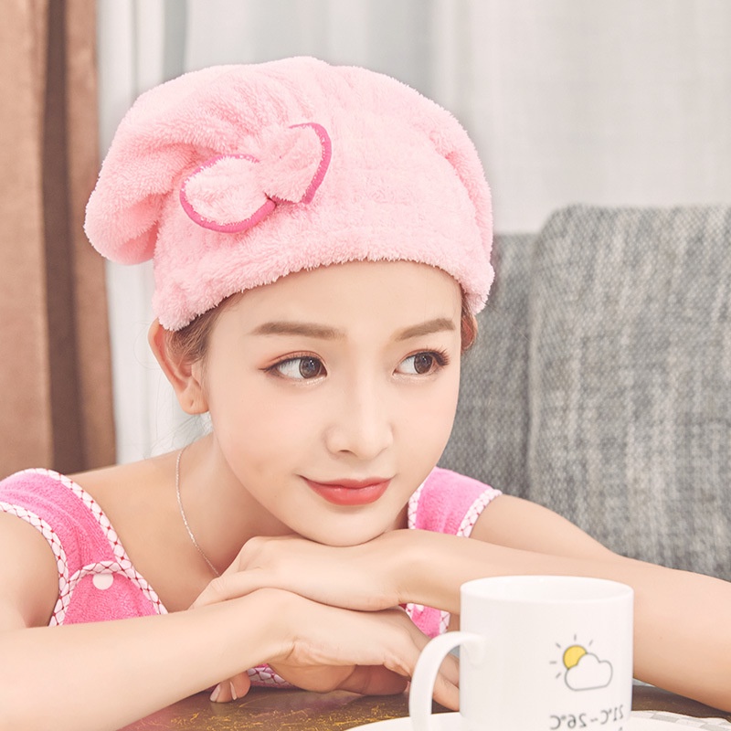 Mũ Trùm Tóc Bằng Vải Lông Cừu San Hô Dày Dặn Nhanh Khô Đính Nơ Nhiều Màu Tùy Chọn
