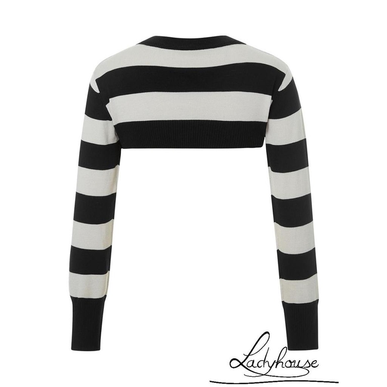 Áo Croptop Dệt Kim Tay Dài Cổ Tròn In Họa Tiết Kẻ Sọc Thời Trang Cho Nữ