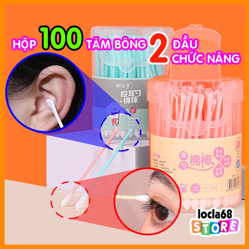Hộp 100 Tăm Bông Cotton Hai Đầu 2 Trong 1 Đa Năng