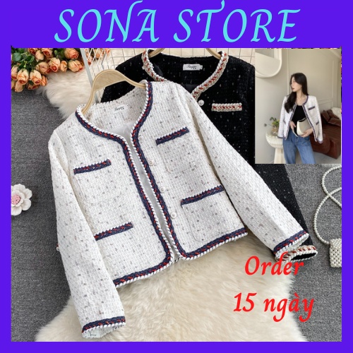 Áo dạ tweed nữ khoác tiểu thư trắng đen dài tay cổ tròn mùa đông viền thừng sang chảnh bánh bèo hàng quảng châu cao cấp