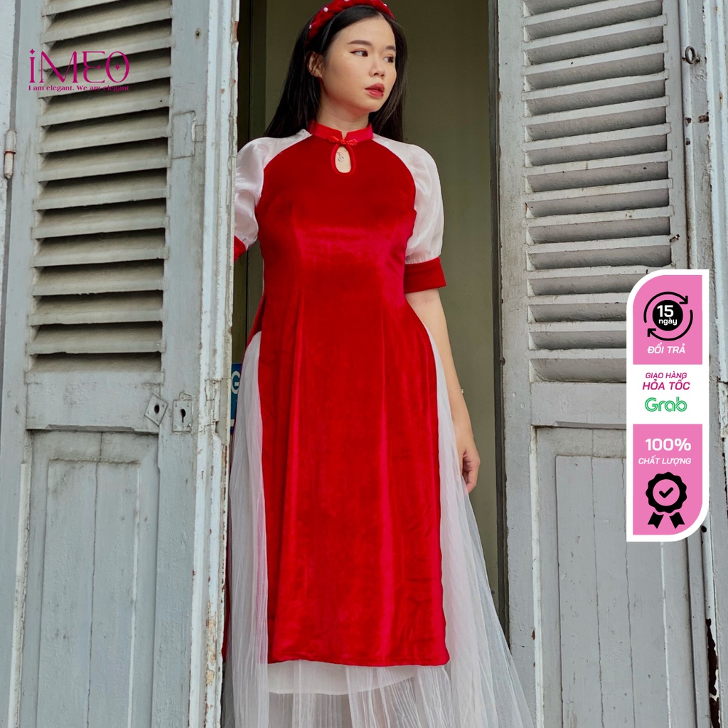 Áo dài cách tân, áo dài truyền thống cách tân chất nhung cao cấp màu đỏ tươi đỏ đô ao dai IMEO