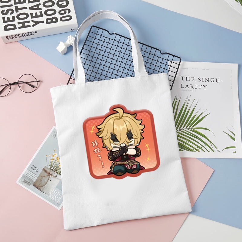 Túi tote vải đen trắng in hình GENSHIN IMPACT ver CHỮ NHẬT CHIBI game anime chibi tiện lợi thời trang đeo vai