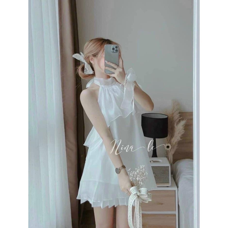 Set áo trắng cổ yếm nơ lưng chân váy trắng xếp ly (kèm cột tóc) mẫu nina lê