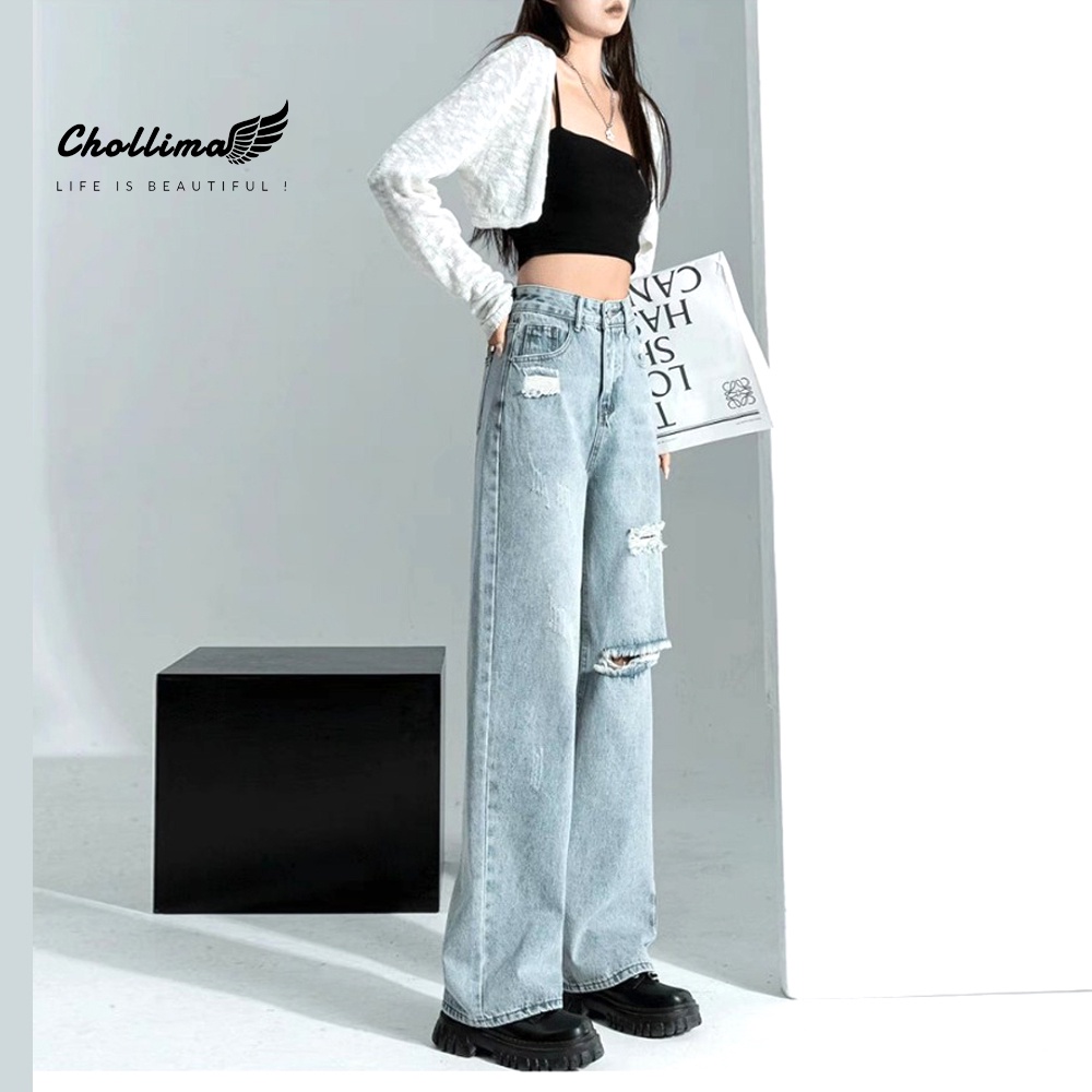 Quần jeans nữ Chollima ống rộng SIMPLE JEAN dài 98cm rách cá tính QD257 ulzzang phong cách hàn quốc