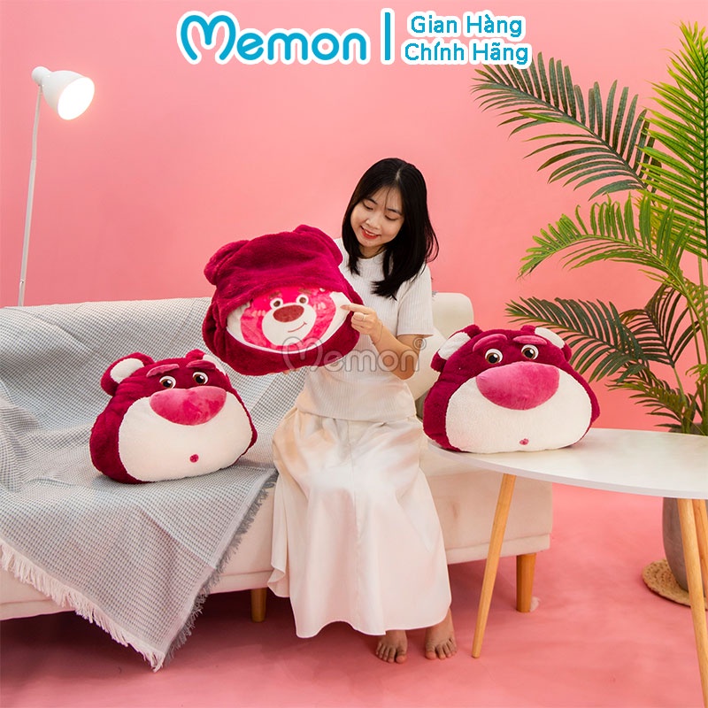 Gối Chăn Mền Lotso Huggin Bear Lông Xù 3 in 1 Có Ủ Tay Cao Cấp Memon