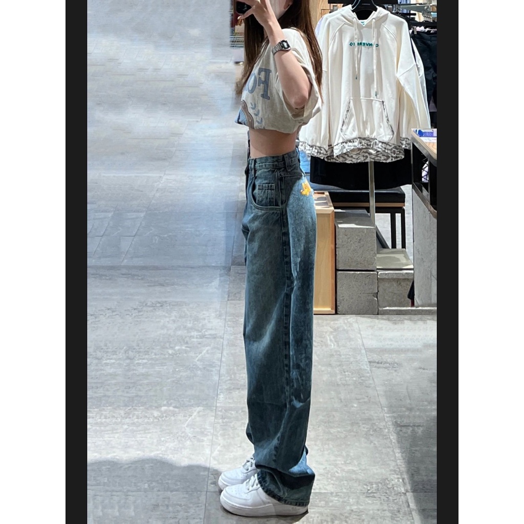 kumikumi HUANG YOYO Quần jean ống rộng lưng cao thêu chữ thời trang Hàn Quốc 2023 chất lượng cao