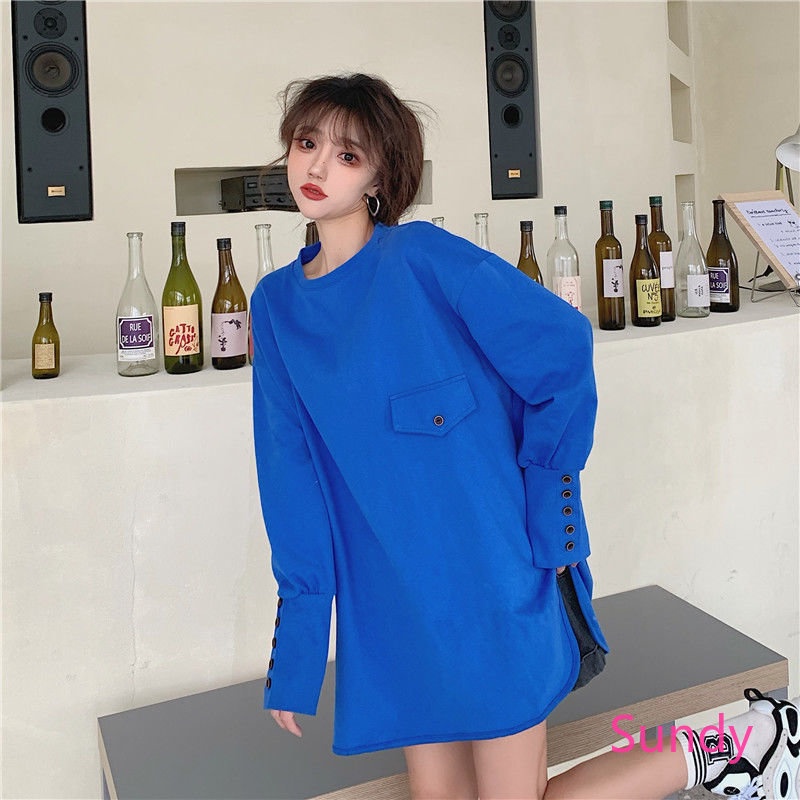 Plus Áo Thun Tay Dài Cổ Tròn Dáng Rộng Thời Trang Mùa Thu Phong Cách Hàn Quốc Cho Nữ Có Size Lớn