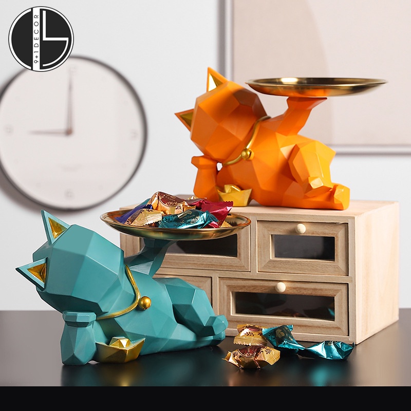 Tượng Mèo thần tài hình học bưng đĩa phong cách Bắc Âu sang trọng trang trí để bàn