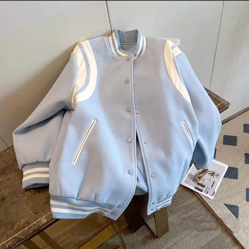 Áo Bomber Teddy Xanh Tay Viền Trắng, Áo Khoác Bomber Xanh Mint Trắng Nỉ