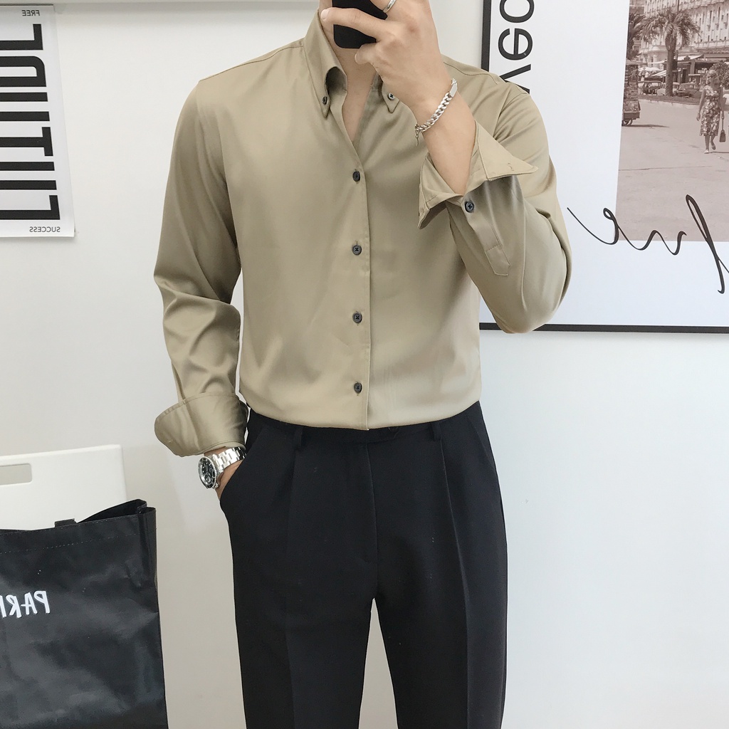 áo sơ mi nam trắng đen dài tay kiểu mới hàn quốc cao cấp công sở -- dáng ôm body , vải lụa trơn không nhăn co giãn nhẹ