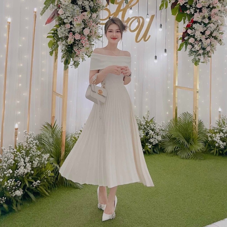 Sét Bộ Đồ Nữ Áo Thun Gân Trễ Vai Kèm Chân Váy Xếp Ly Tôn Dáng Siêu Xinh Thiết Kế Sang Chảnh Đi Làm Công Sở, Dạ Hội