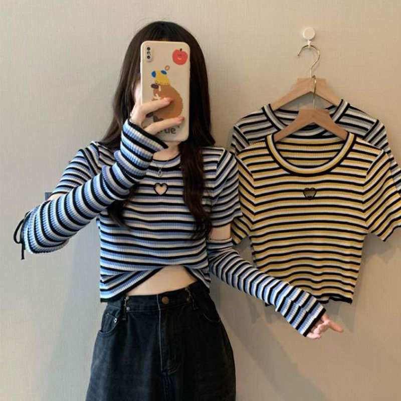 Áo Thun Tay Dài Dáng Ôm Họa Tiết Kẻ Sọc Thời Trang Hàn Quốc Cho Nữ