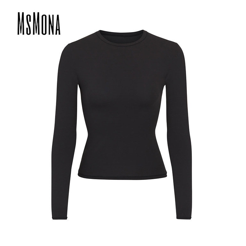 MsMona Áo Thun Dài Tay Cổ Tròn Màu Trơn Thời Trang 2022 Cho Nữ