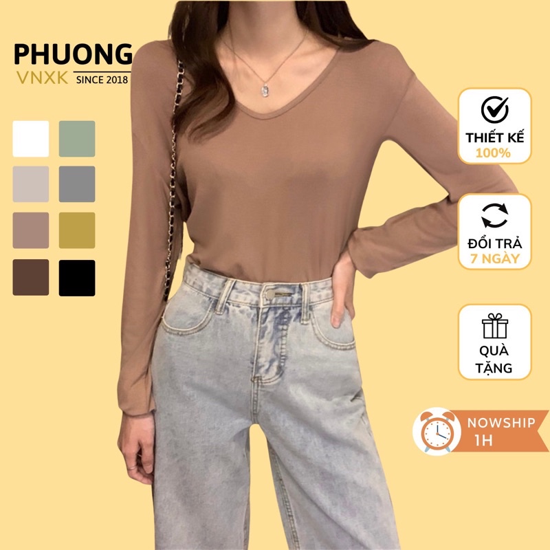 Áo thun nữ cổ tim dài tay PHUONGG, chất thun mềm mịn, form suông basic dễ phối đồ