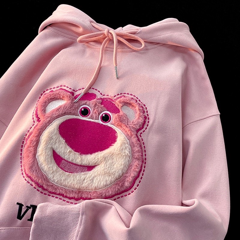 Áo hoodie áo nỉ có mũ có hình gấu dâu thêu form rộng phong cách Ulzzang trẻ trung