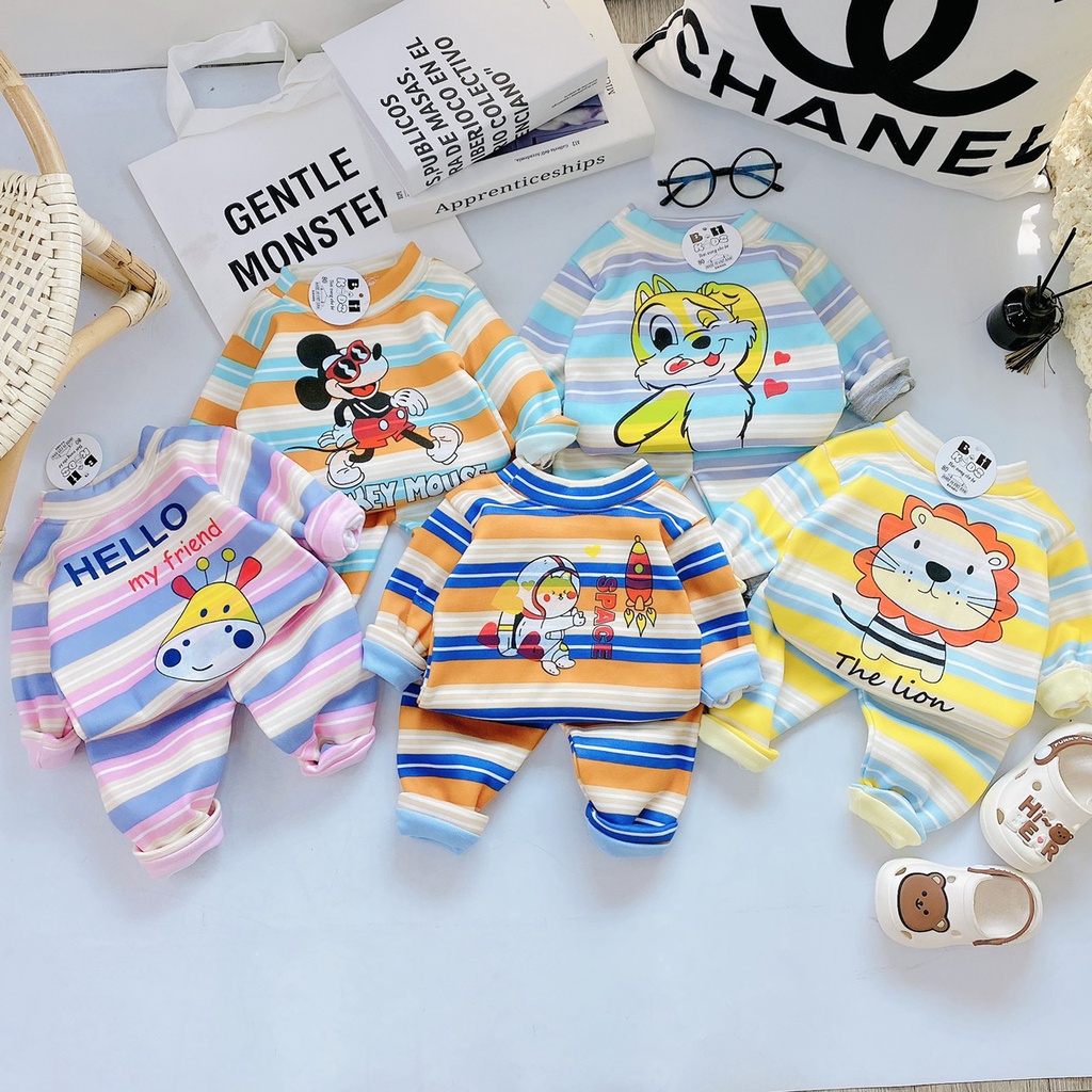 Đồ Bộ cho bé, quần áo nỉ bông dài tay kẻ ngang in hình chuột micky Q001