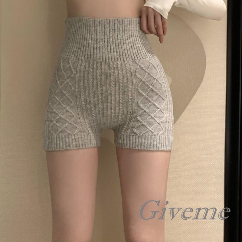 Quần Short Dệt Kim Màu Trơn Lưng Cao Ôm Dáng Thời Trang Thu Đông Cho Nữ