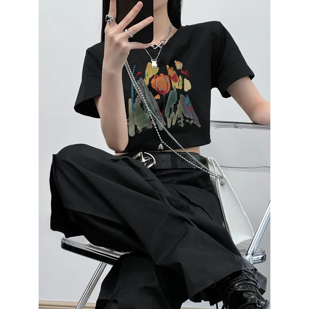 Cocory vn Áo Croptop Tay Ngắn Cổ Tròn Dáng Rộng In Chữ Thời Trang Cá Tính Cho Nữ