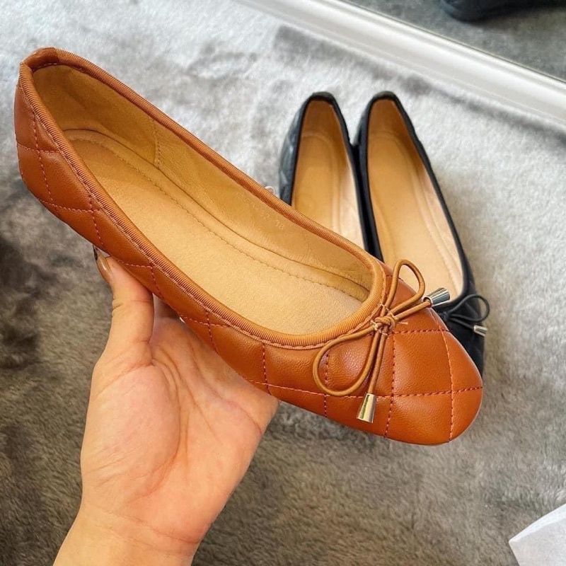 Giày búp bê bệt trám chần bông đính nơ nữ