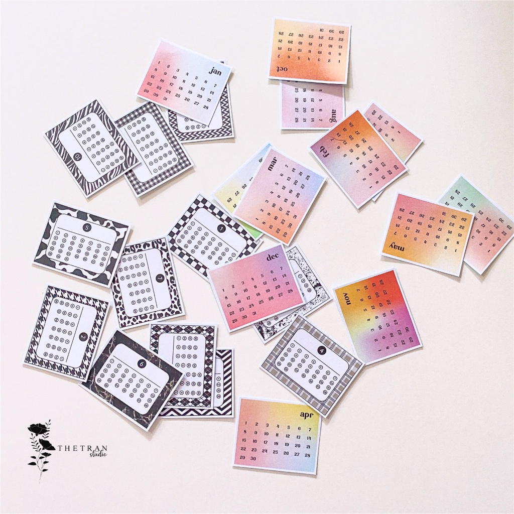 Bộ 12 sticker cute lịch mini dùng cho tất cả các năm / calendar sticker / thetranstudio