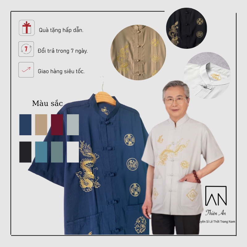 Áo cổ tàu nam trung niên áo sơ mi nam cổ tàu chất đũi thoáng mát thêu rồng phượng cao cấp size M