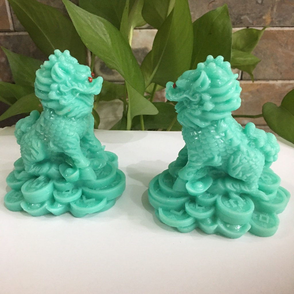 Tượng kỳ lân phong thủy  1 cặp 2 ông màu Xanh ngọc cao 11 cm mang tài lộc