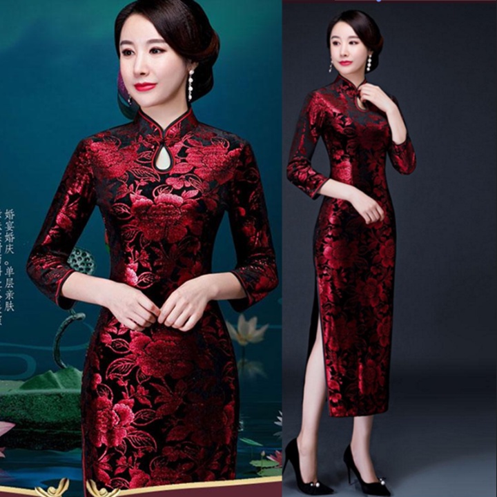 Đầm Sườn Xám Nhung Tay Lửng Cỡ Lớn Thời Trang Thu Đông 2023 Mới