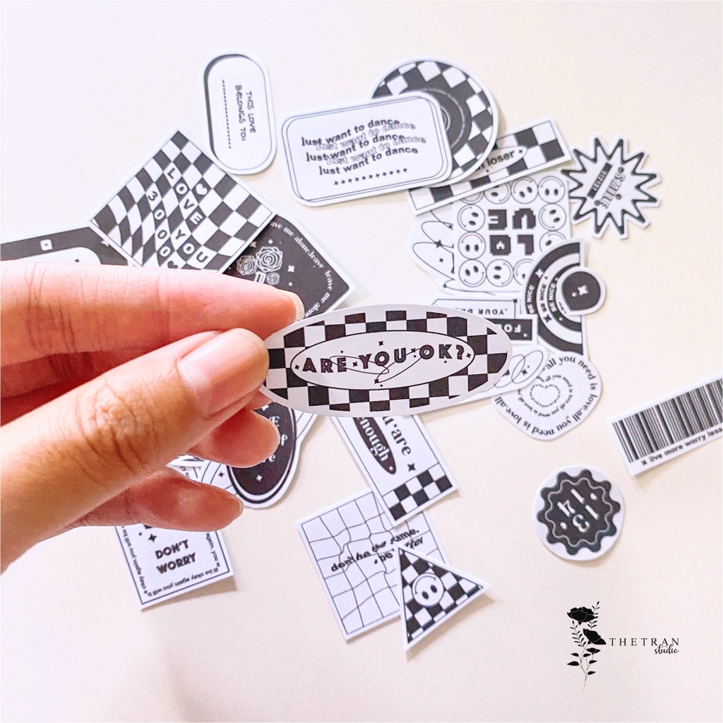 Bộ 27 sticker cute họa tiết bàn cờ caro trắng đen / checkerboard sticker pack / thetranstudio