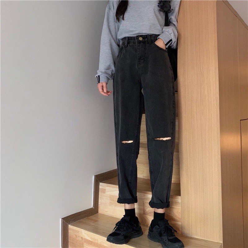 [Bigsize 54-88kg] Quần Baggy Cotton Xám Đen Trơn 3014/ Rách 3222, Lưng Siêu Cao, Dáng Chuẩn, Không Giãn