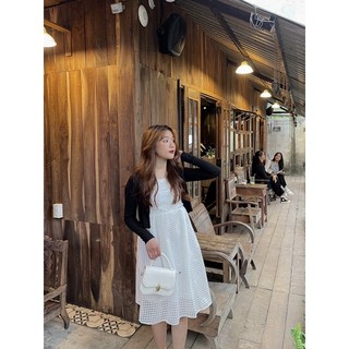Set đầm ô xếp ly + khoác đen