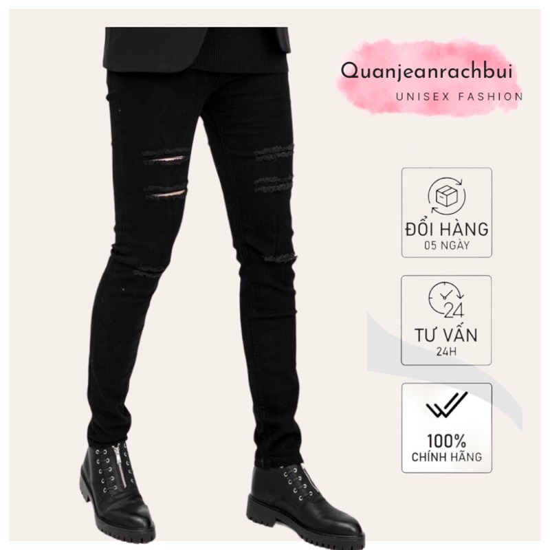 Quần jeans nam ĐEN rách gối rách đùi Quần jean dáng Skinny & Slim Fit Ống Côn Co Dãn Tôn Dáng cao cấp