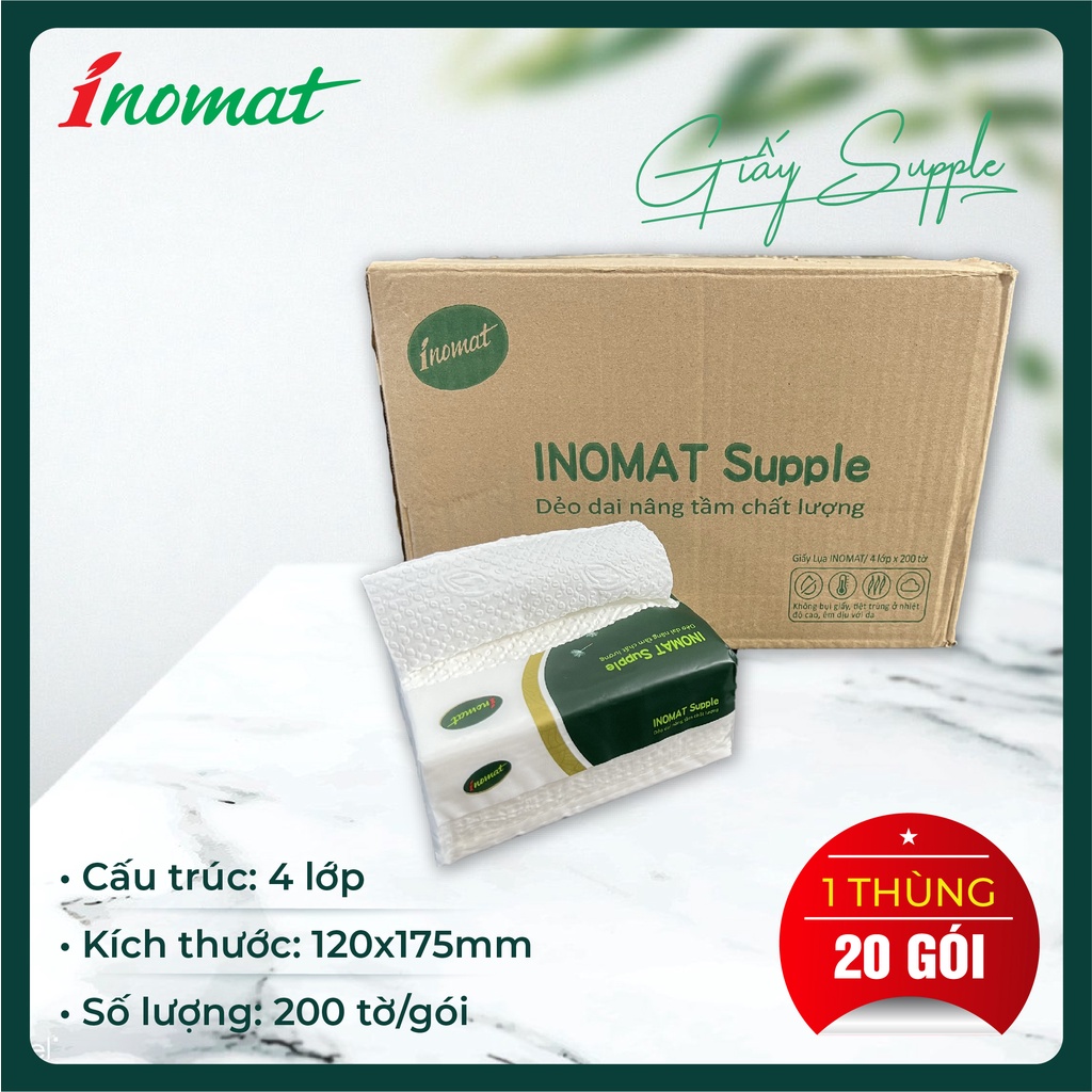 Giấy ăn gấu trúc thùng 20 gói , giấy ăn gói nhỏ INOMAT SUPPLE thương hiệu của người Việt 4 lớp 200 tờ/gói 1 thùng 20 gói
