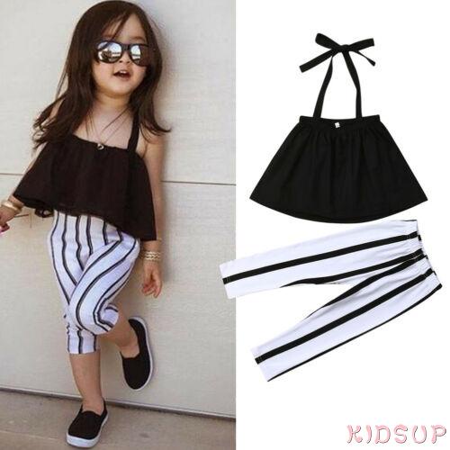 Set Đồ Mùa Hè 2 Món Gồm Áo Crop Top Trễ Vai Màu Trơn + Quần Legging Kẻ Sọc Cho Bé Gái