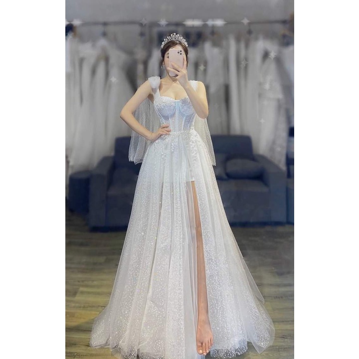 Váy cưới màu trắng hàng thiết kế cao cấp kiểu dáng tiểu thư sang chảnh, Váy chụp ảnh cưới.