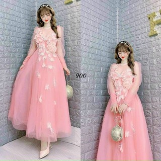 đầm xòe đính hoa tay phồng