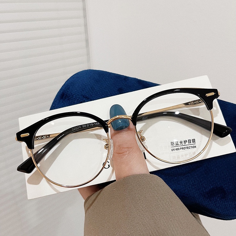 Gọng kính cận nữ nam cao cấp phong cách Hàn Quốc mắt kính không độ râm mát tròn ngố chống tia UV hit hot đẹp HANASO 113