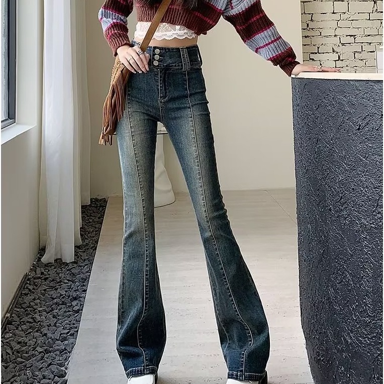 Quần Jeans Nữ Lưng Cao Ống Loe Thời Trang Hàn