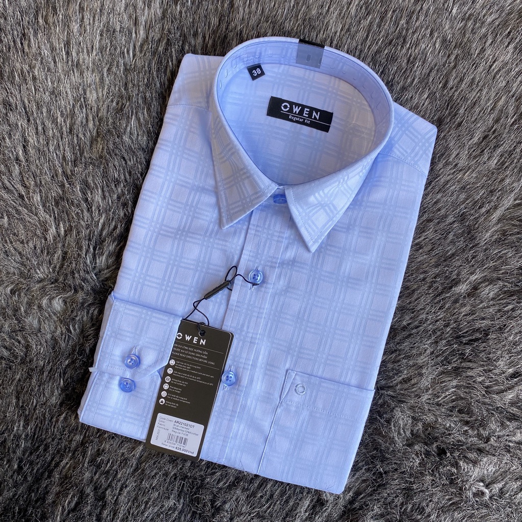 OWEN - Áo sơ mi dài tay Owen Regular fit chất sợi tre màu xanh dương kẻ chìm 221021