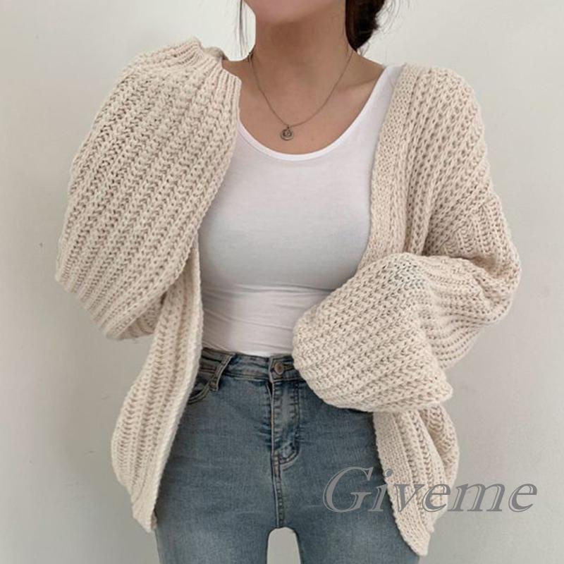 Áo Khoác Cardigan Dệt Kim Tay Phồng Màu Trơn Dáng Rộng Phía Trước Cho Nữ Giới