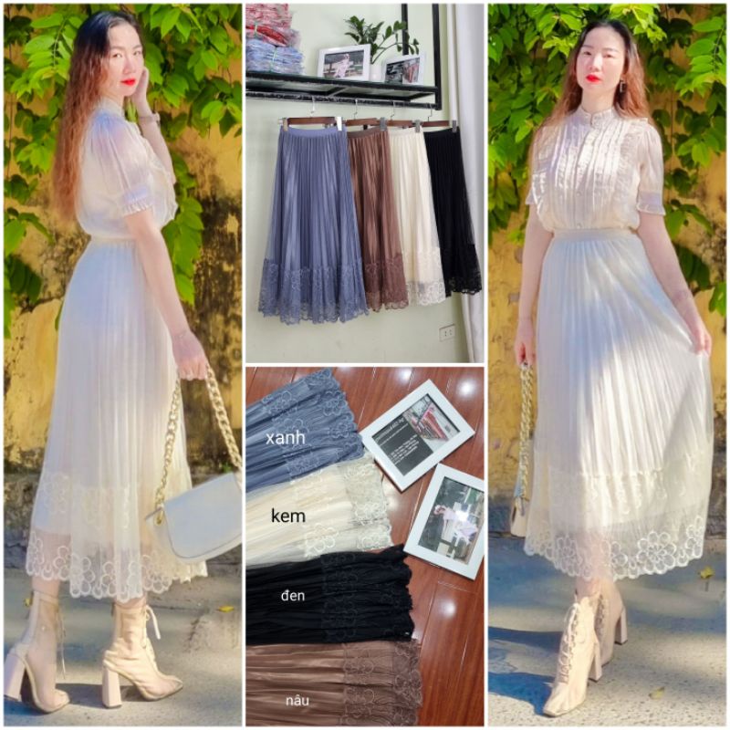 Chân váy mặc được 2 mặt, ren hoa dập ly phối lụa bóng mix đồ cực xinh, mặc full 4 mùa Ảnh thật