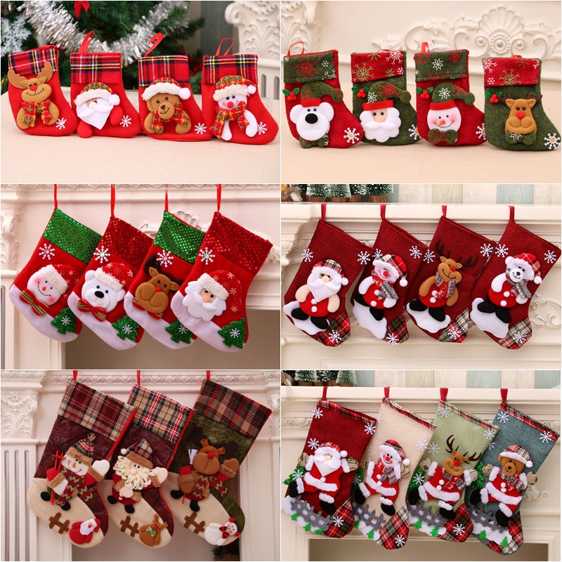 Tất giáng sinh đựng quà cho bé, họa tiết ông già noel/tuần lộc/người tuyết/gấu treo lò sưởi, trang trí cây thông noel