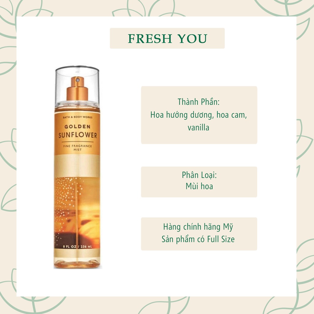Golden Sunflower - Full Xịt thơm toàn thân body mist Bath & Body Works - Hoa