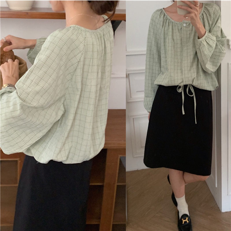 SUXI Áo Kiểu Tay Dài Cổ Tròn Dáng Rộng Kẻ Sọc Phối Dây Rút Thời Trang Hàn Quốc Cho Nữ