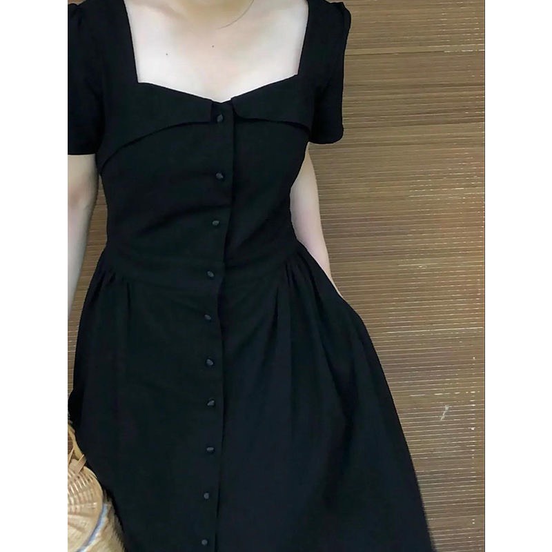 Đầm babydoll dáng dài cổ vuông nhấn eo màu đen phong cách cổ điển Pháp thời trang dành cho nữ