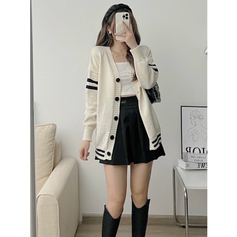 Áo Khoác Cardigan form rộng chất nỉ màu TRẮNG 2 sọc