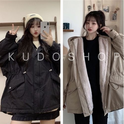 Áo khoác kaki phối lông trơn khóa kéo KUDOSHOP Áo khoác ngoài nam nữ form rộng màu nâu, đen dễ phối đồ