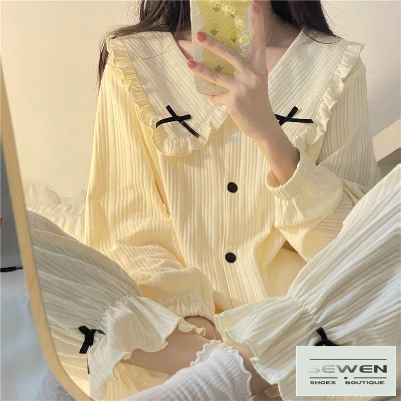 Bộ Đồ Ngủ Tay Dài Cổ Búp Bê Viền Bèo Đính Nơ Dễ Thương Thời Trang Xuân Thu 2022 Cho Bạn Gái