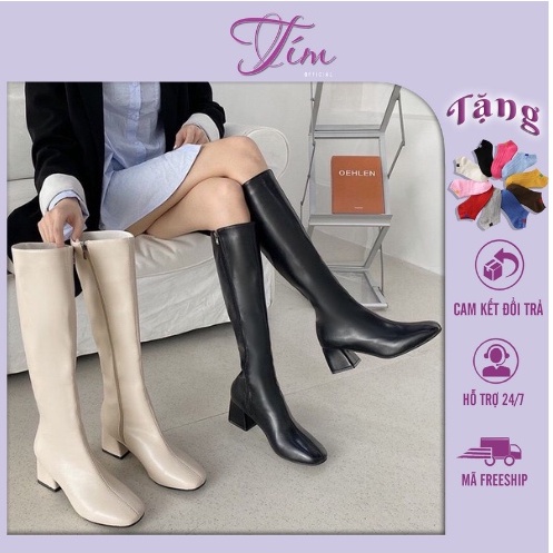 Mua Giày Tặng Tất -Boot đùi nữ đế vuông 𝟏𝐌𝟓𝟑 bốt da lì gót vuông 5cm lót lông cao cổ (hàng full hộp) (hàng loại 1)