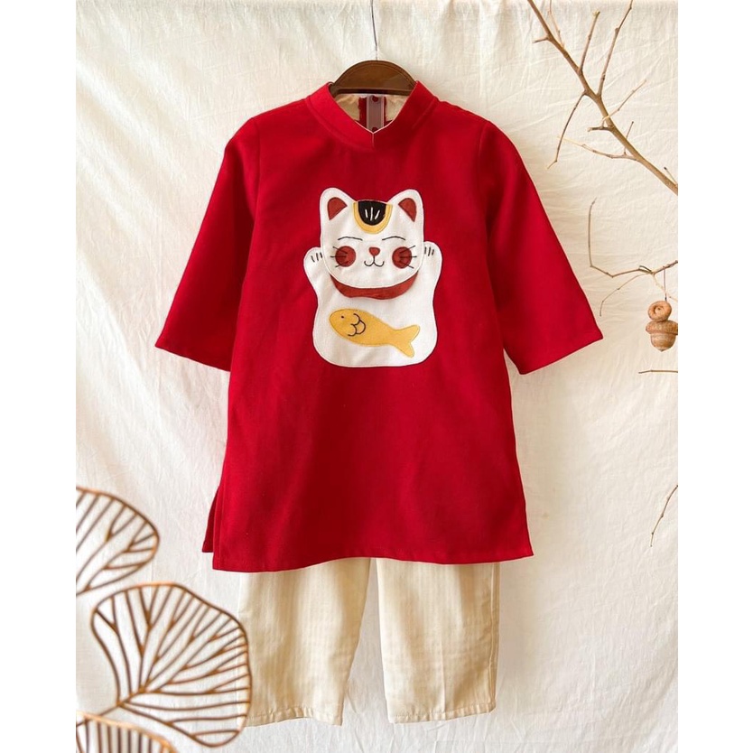 Bộ áo dài đôi cách tân mèo thần tài cho bé trai bé gái 10-20kg