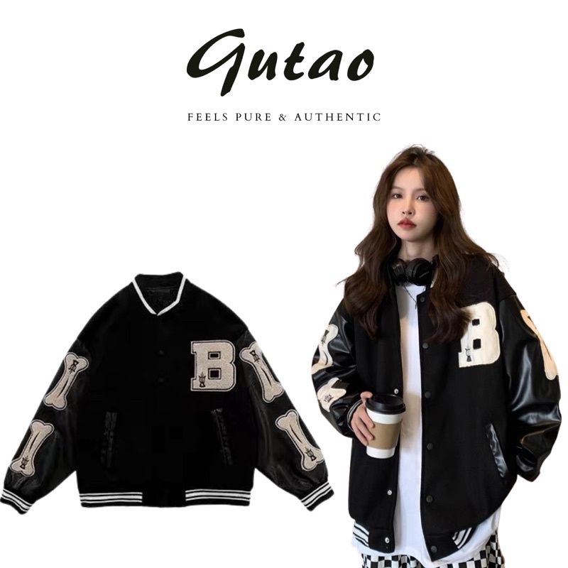 Áo khoác bomber jacket varsity màu đen nam nữ, chất dạ phối tay da cao cấp 2 lớp dày dặn- GUTAO